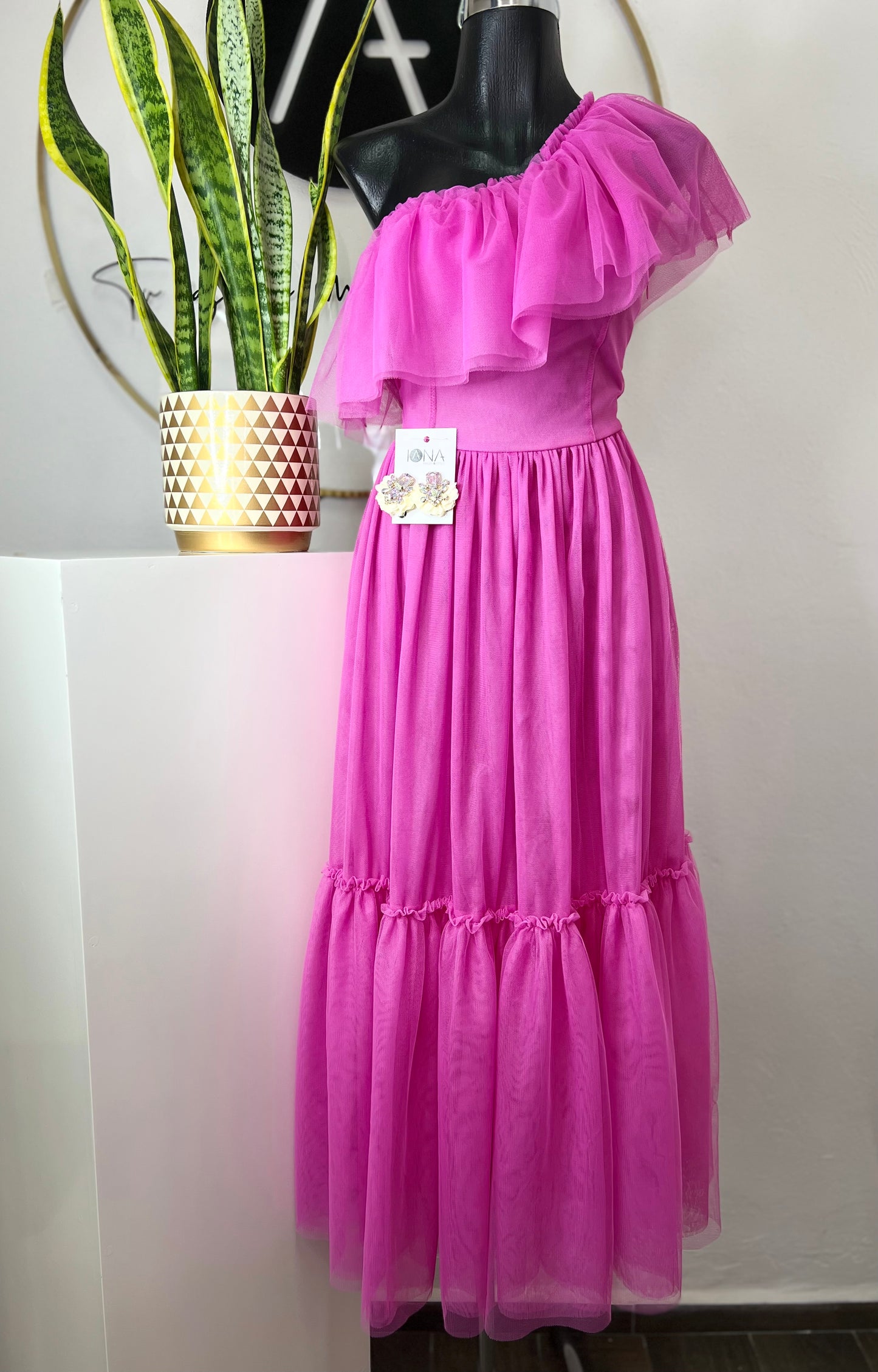Vestido tul asimétrico rosa