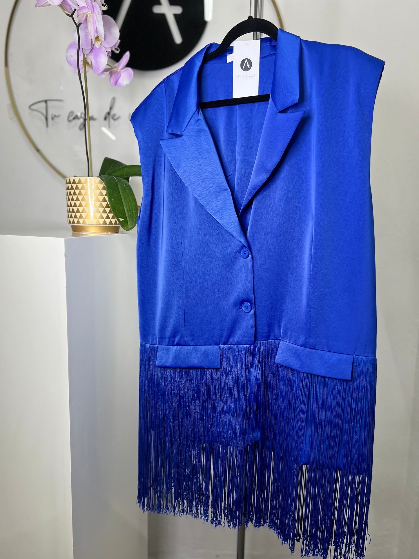 Chaleco flecos azul eléctrico