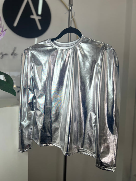 Blusa abullonada metalizada plata