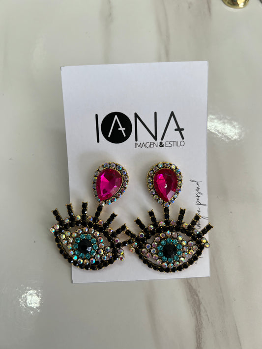 Aretes ojo piedra rosa